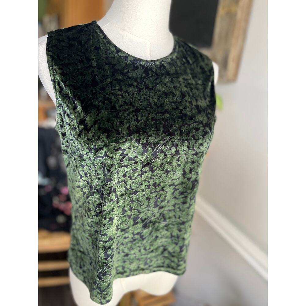Vintage 90s Velvet Sleeveless Blouse Green and Black Plants Size Medium